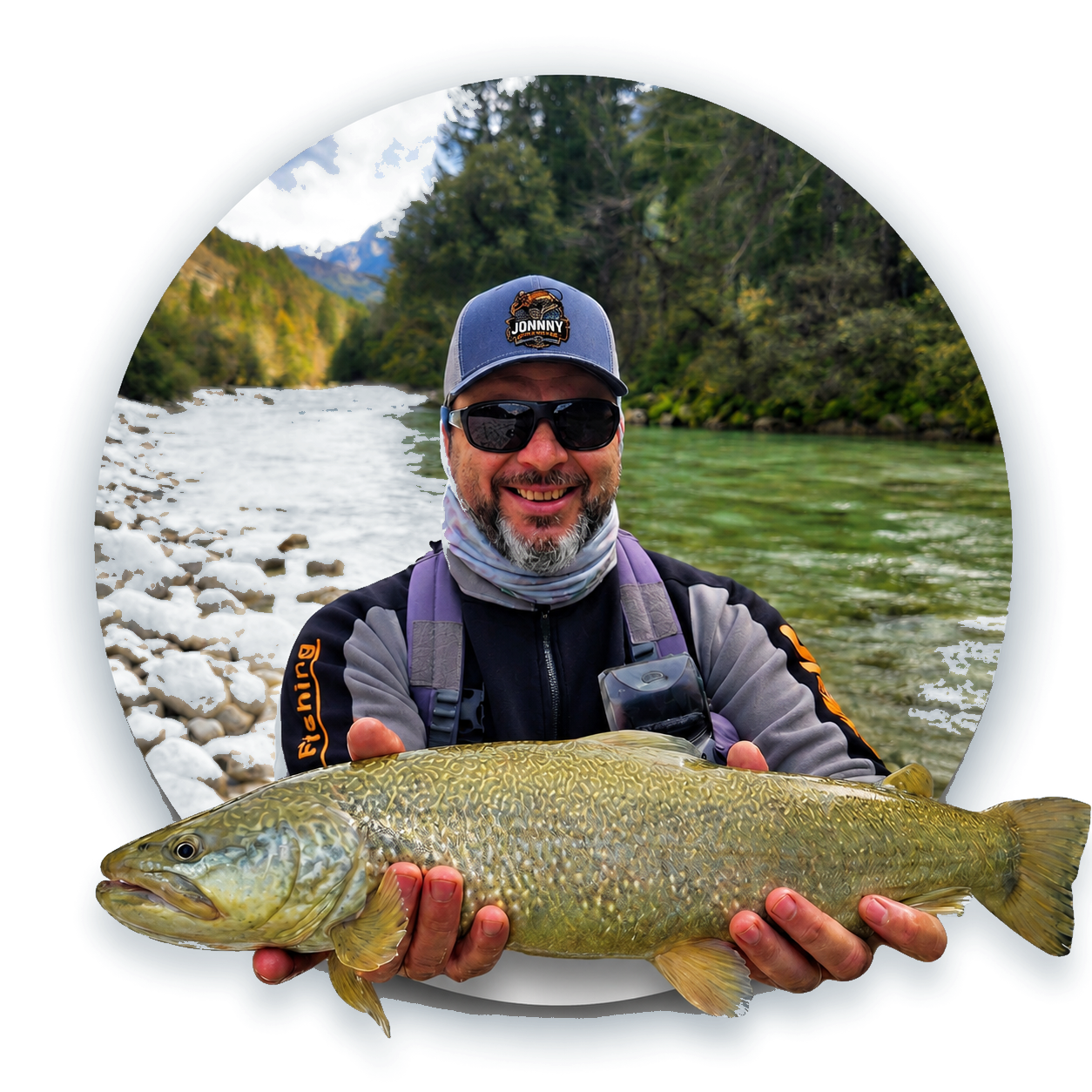 Johnny, guía de pesca, sosteniendo una gran trucha en el río