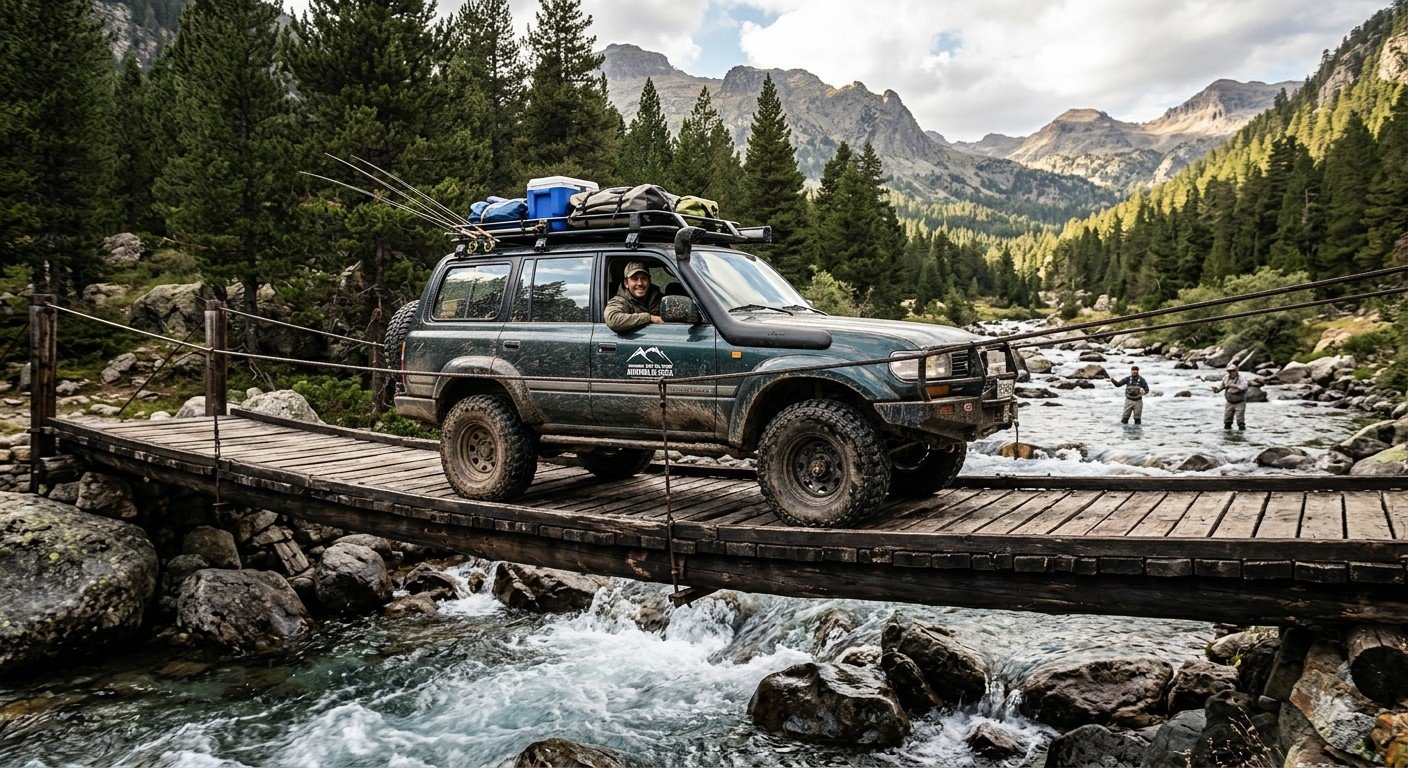 Un 4x4 équipé de pneus à crampons traversant un pont en bois au-dessus d'une rivière de montagne